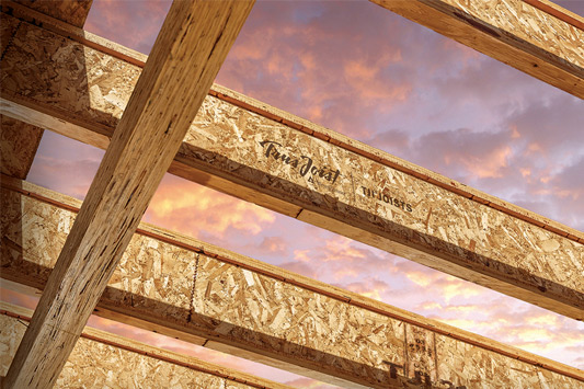 Weyerhaeuser Trus Joist TJI I-joists framing a floor, each joist a deep slim member with a thin web and wider top and bottom flanges, stamped TJI
